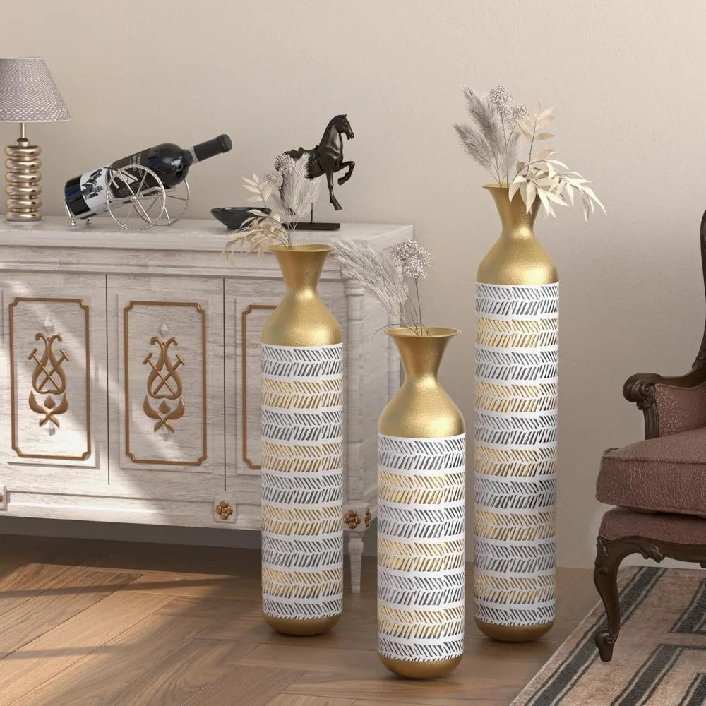 Decorative Vase Set of 3 Oversized Floor Tall Distressed Metallic Glazed Vases