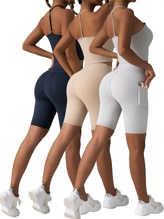 3 Pack Women's High Waist Yoga Shorts Tummy Control Athletic Workout Running Shorts with Deep Pockets
