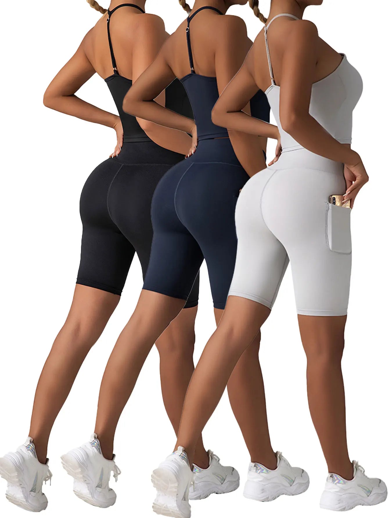 3 Pack Women's High Waist Yoga Shorts Tummy Control Athletic Workout Running Shorts with Deep Pockets
