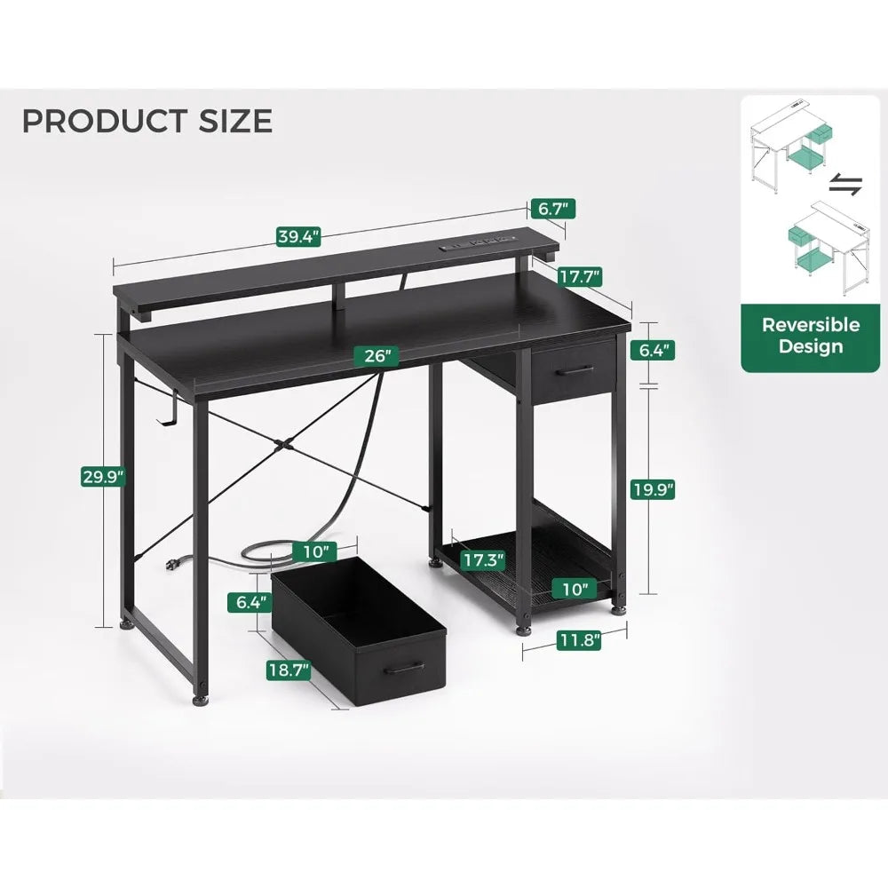 Gaming Desk with LED Lights and Power Outlet 40 Inch Computer Desk with Drawer Reversible Desk with Monitor Shelf and Headphone Hook