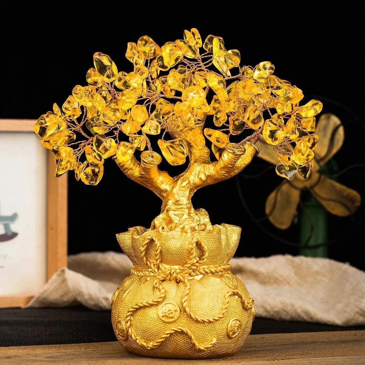 Crystal Money Bag Tree Figurine Yellow Lucky Wealth Tree