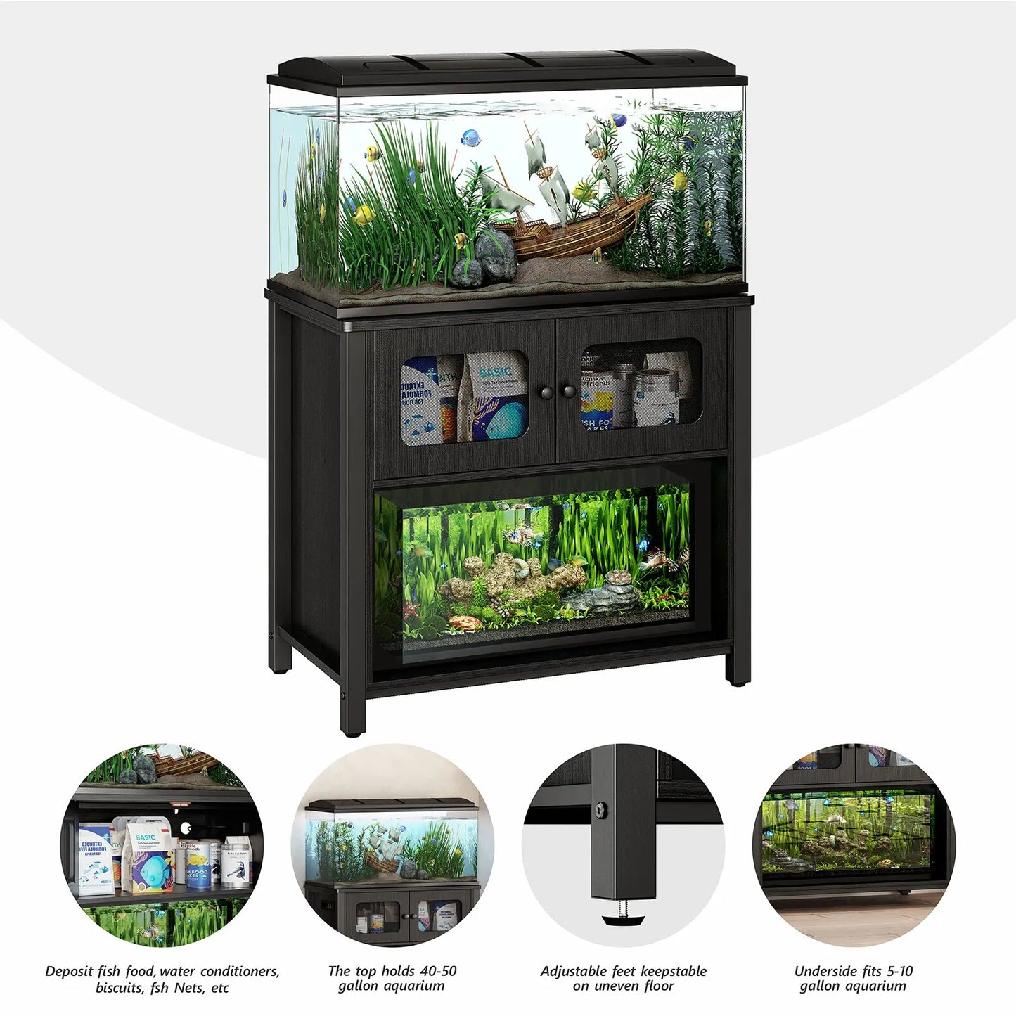 Aquarium Stand with Cabinet Storage for 40 to 50 Gallon Fish Tanks and Reptile Tanks Adjustable Feet and Anti-Tilt Device