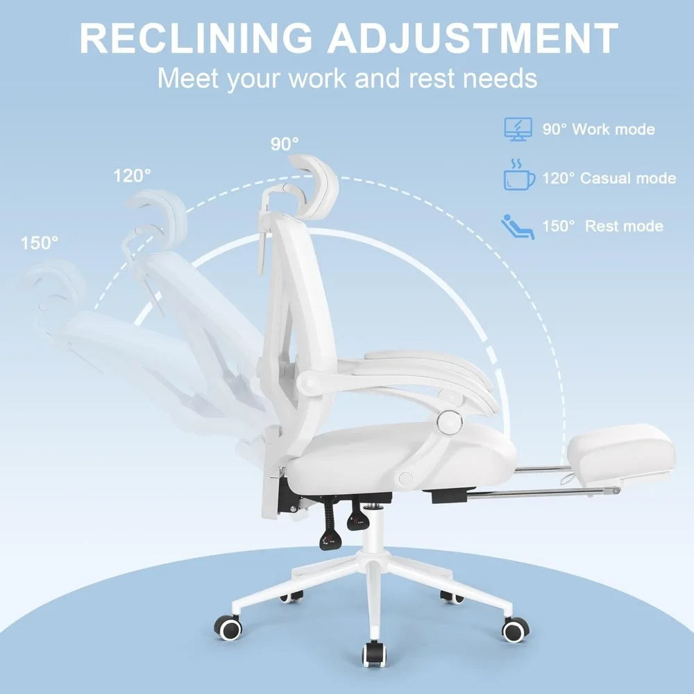Ergonomic Office Chair with Footrest Adjustable Lumbar Support High Back Computer Chair Ivory White