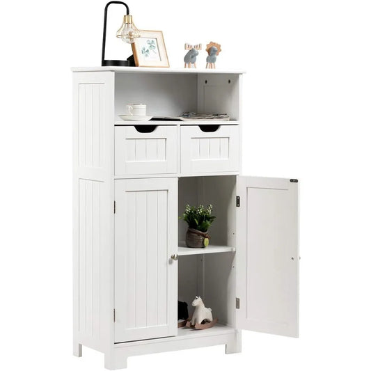 Bathroom Floor Cabinet Storage Cabinet with Open Shelf 2 Doors and 2 Adjustable Drawers Standing Cupboard for Kitchen and Bathroom