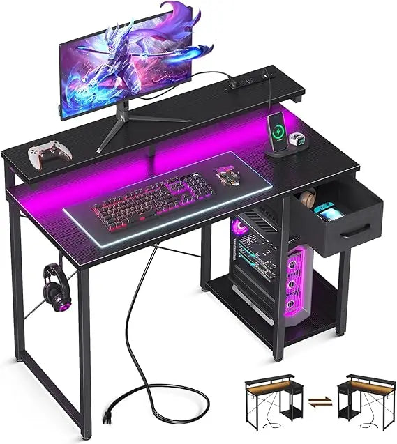 Gaming Desk with LED Lights and Power Outlet 40 Inch Computer Desk with Drawer Reversible Desk with Monitor Shelf and Headphone Hook