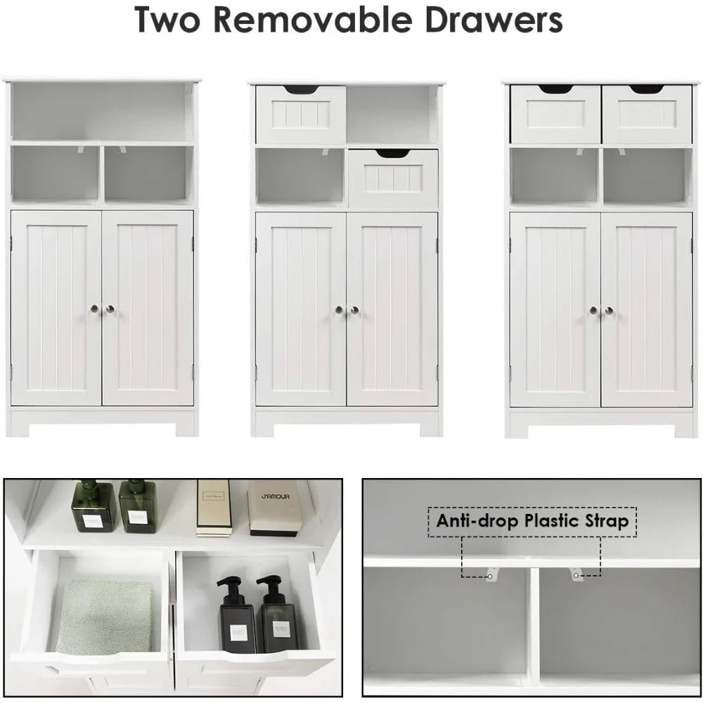 Bathroom Floor Cabinet Storage Cabinet with Open Shelf 2 Doors and 2 Adjustable Drawers Standing Cupboard for Kitchen and Bathroom