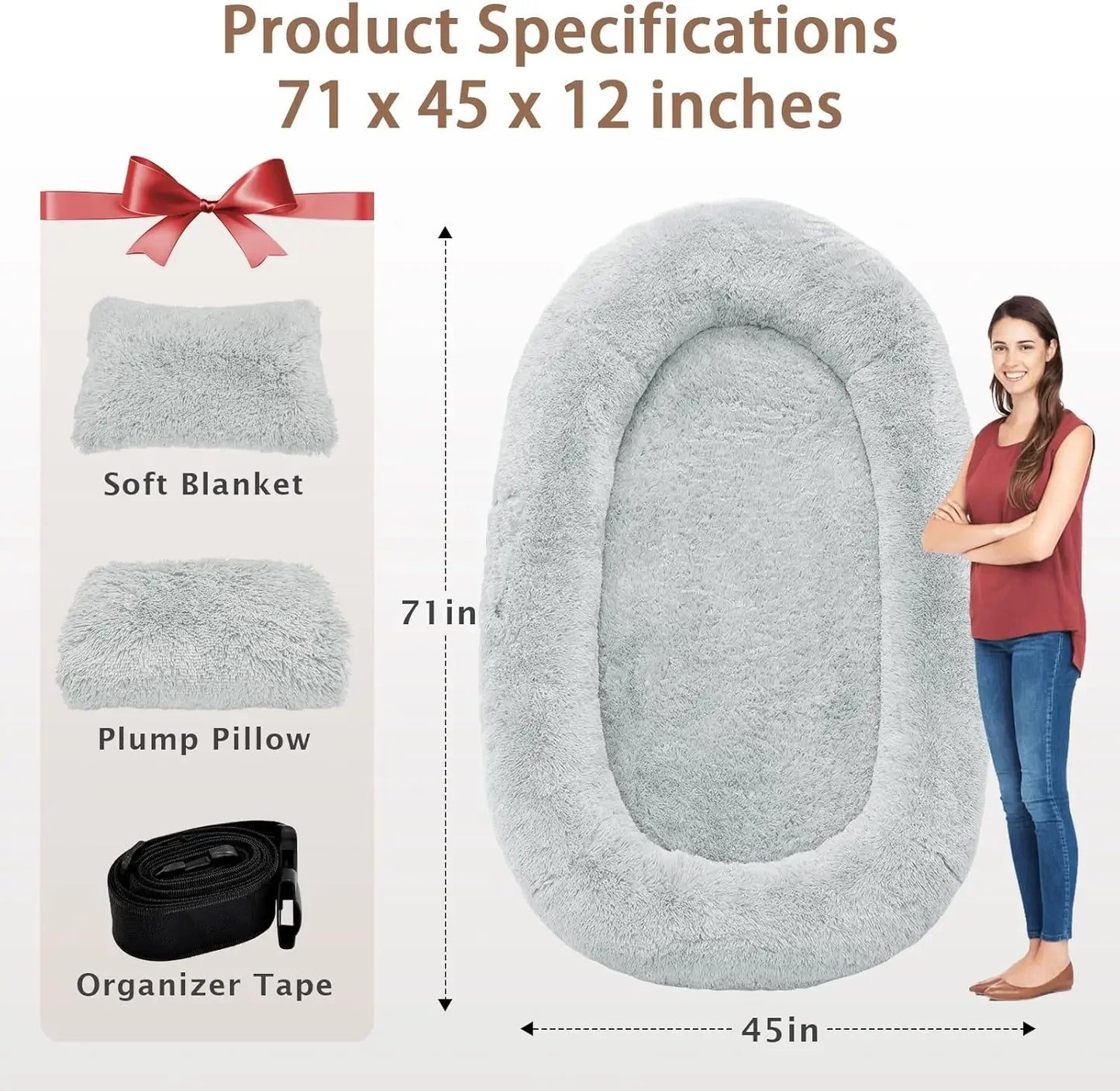 Human Dog Bed 71 Inch by 45 Inch by 12 Inch Washable Giant People Dog Bed with 10 CM Thick Memory Foam Large Oversize Dog Bed and Plump Pillow