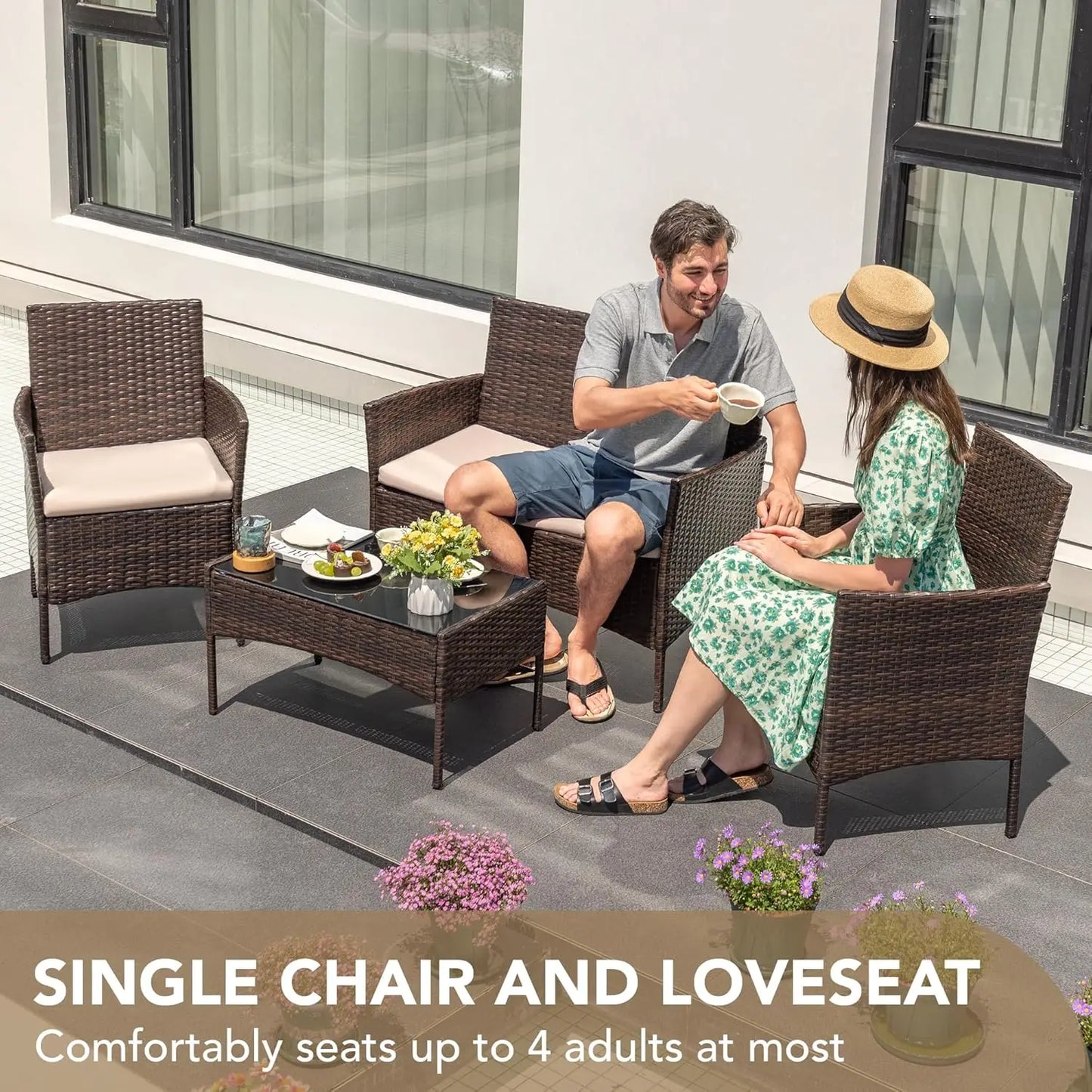 4 Pieces Outdoor Patio Furniture Set PE Rattan Wicker Chairs Balcony Lawn Porch Furniture with Beige Cushions and Table