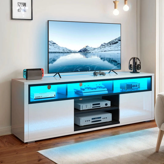 High Gloss LED TV Stand for 75 Inch TV White Storage