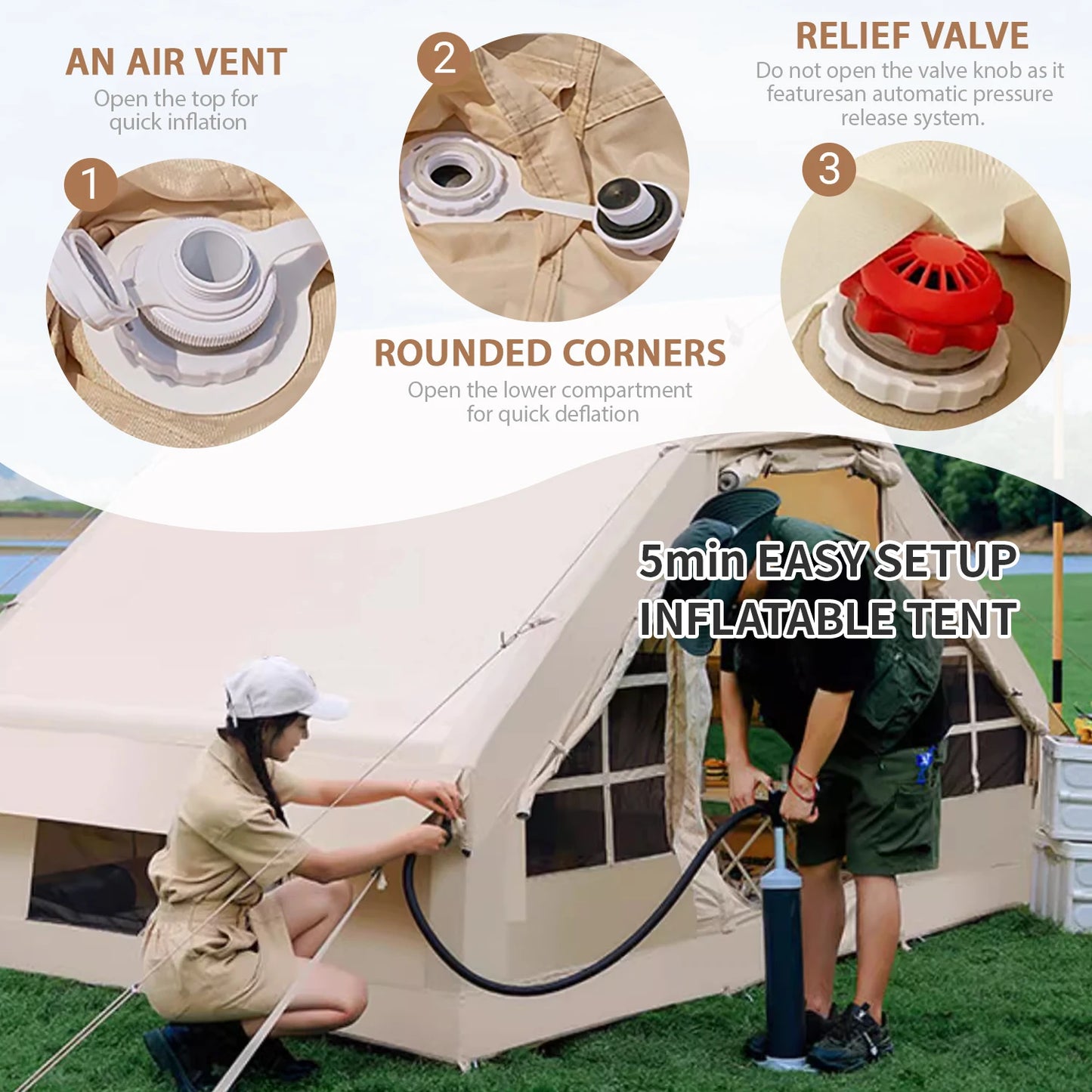 Inflatable Waterproof Tent with Hand Pump Oxford Fabric Camping Tent with Skylight 4 Season Family Tent for Camping