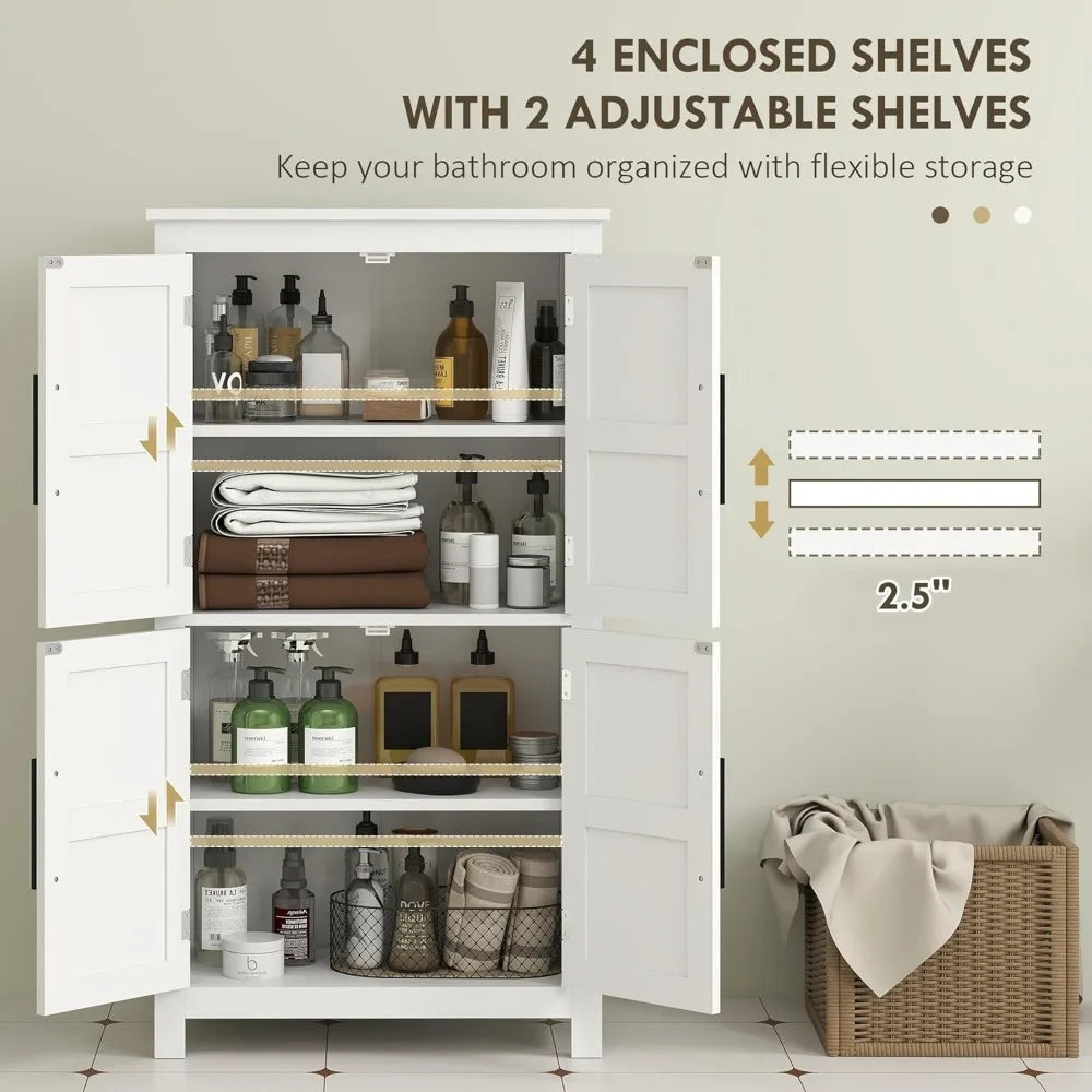 Farmhouse Bathroom Storage Cabinet with 4 Barn Doors and 2 Adjustable Shelves Freestanding Floor Cupboard in White