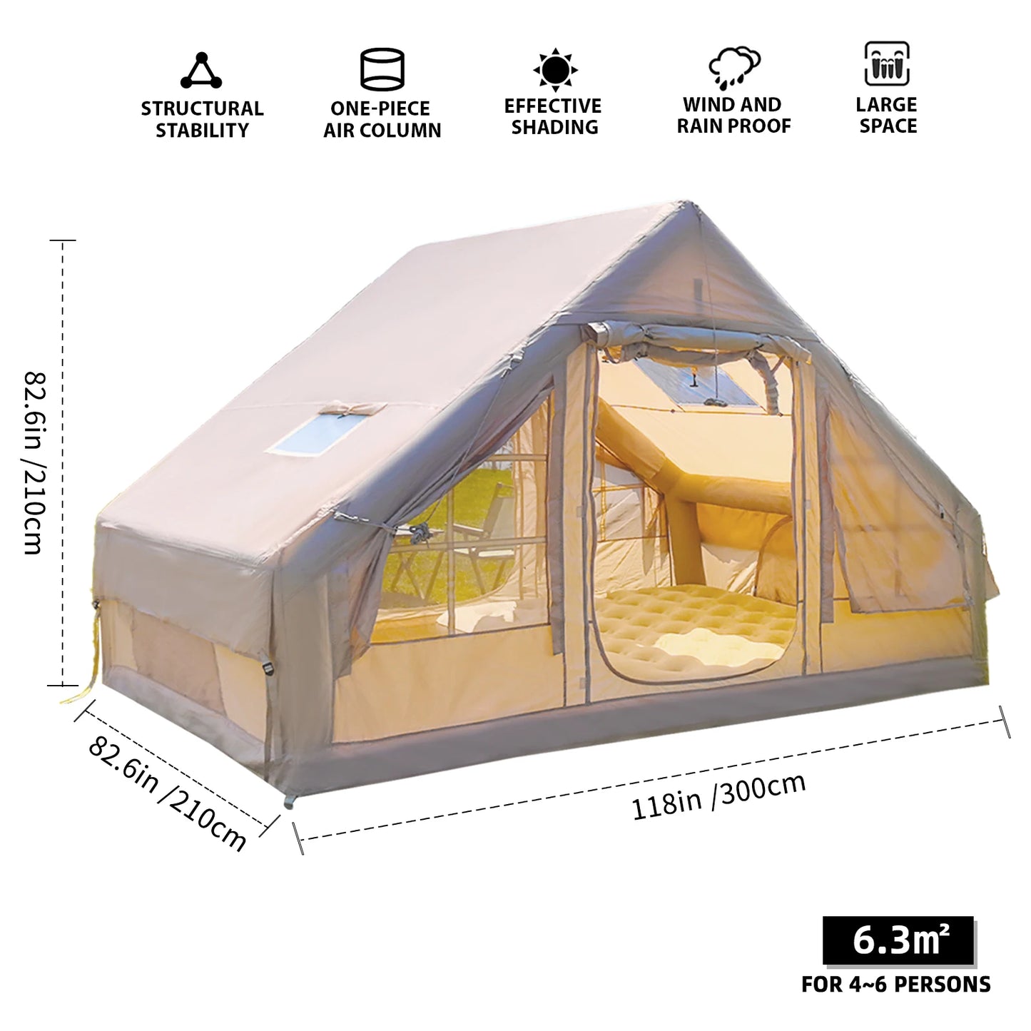 Inflatable Waterproof Tent with Hand Pump Oxford Fabric Camping Tent with Skylight 4 Season Family Tent for Camping