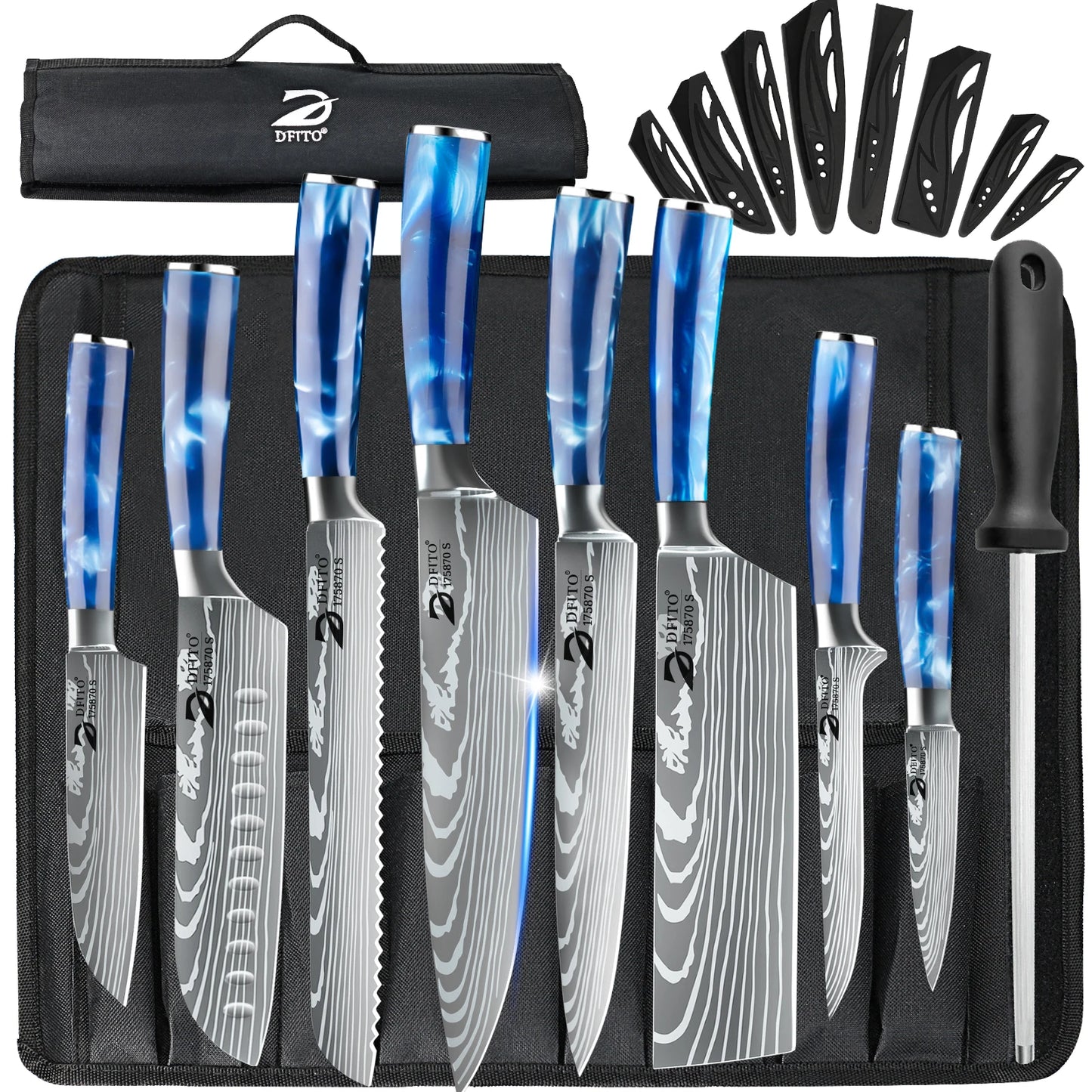 8PCS Chef's Knife Kitchen Knives Set Utility Boning Knife Cleaver Meat Fruit Bread Knife Japanese Santoku Knife with Cover