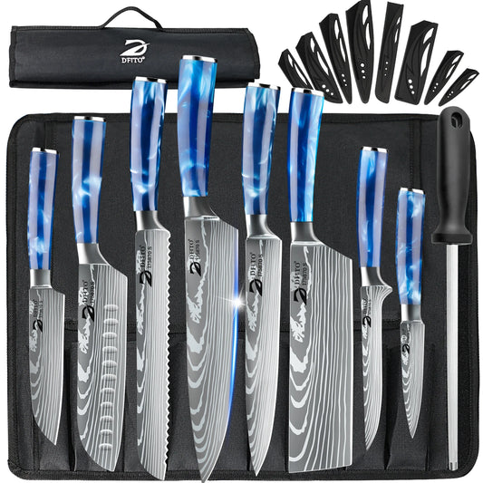 8PCS Chef's Knife Kitchen Knives Set Utility Boning Knife Cleaver Meat Fruit Bread Knife Japanese Santoku Knife with Cover