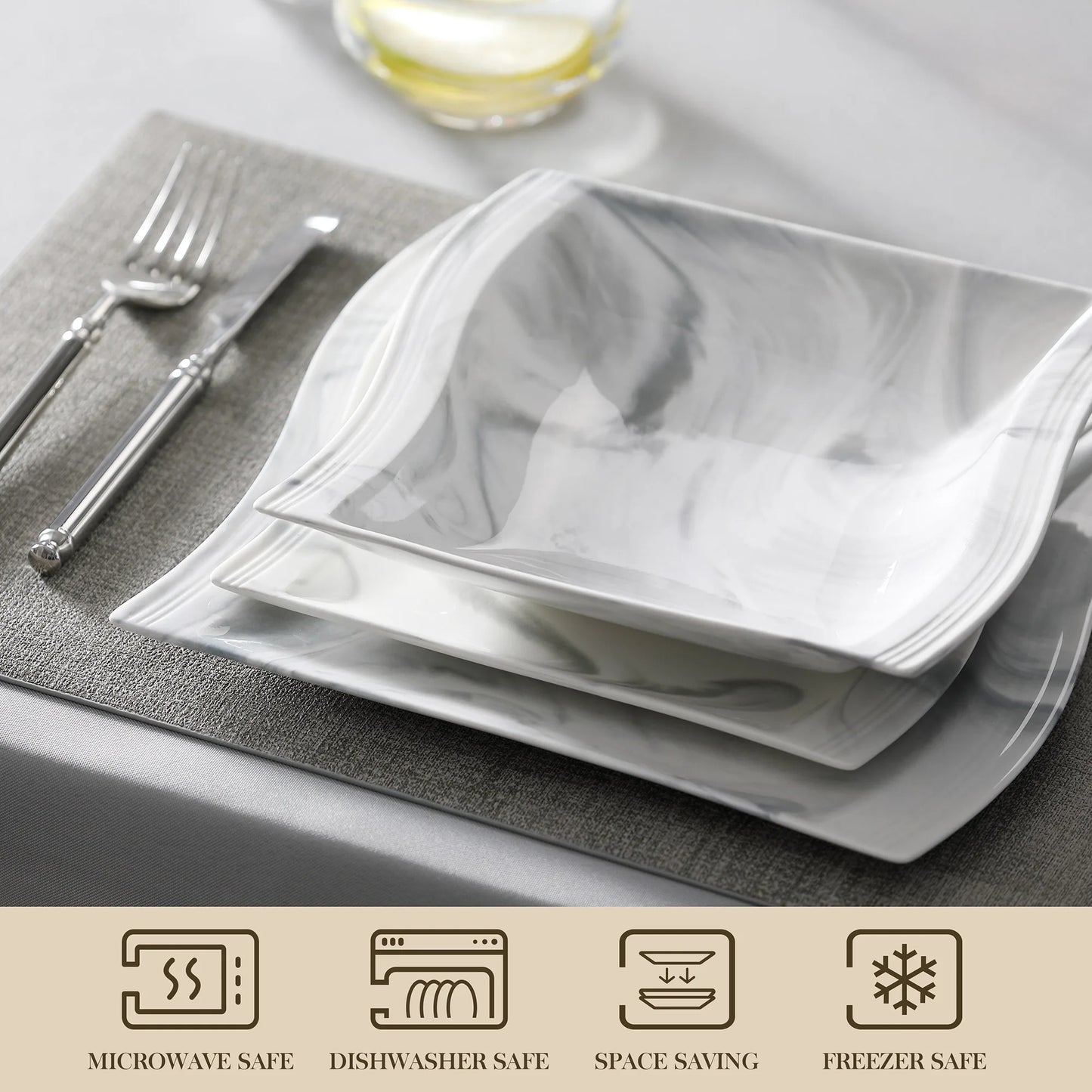 Malacasa Flora Marble Porcelain Dinnerware Set 30/60 Pieces with Dinner Plates Dessert Plates Soup Plates Cups and Saucers