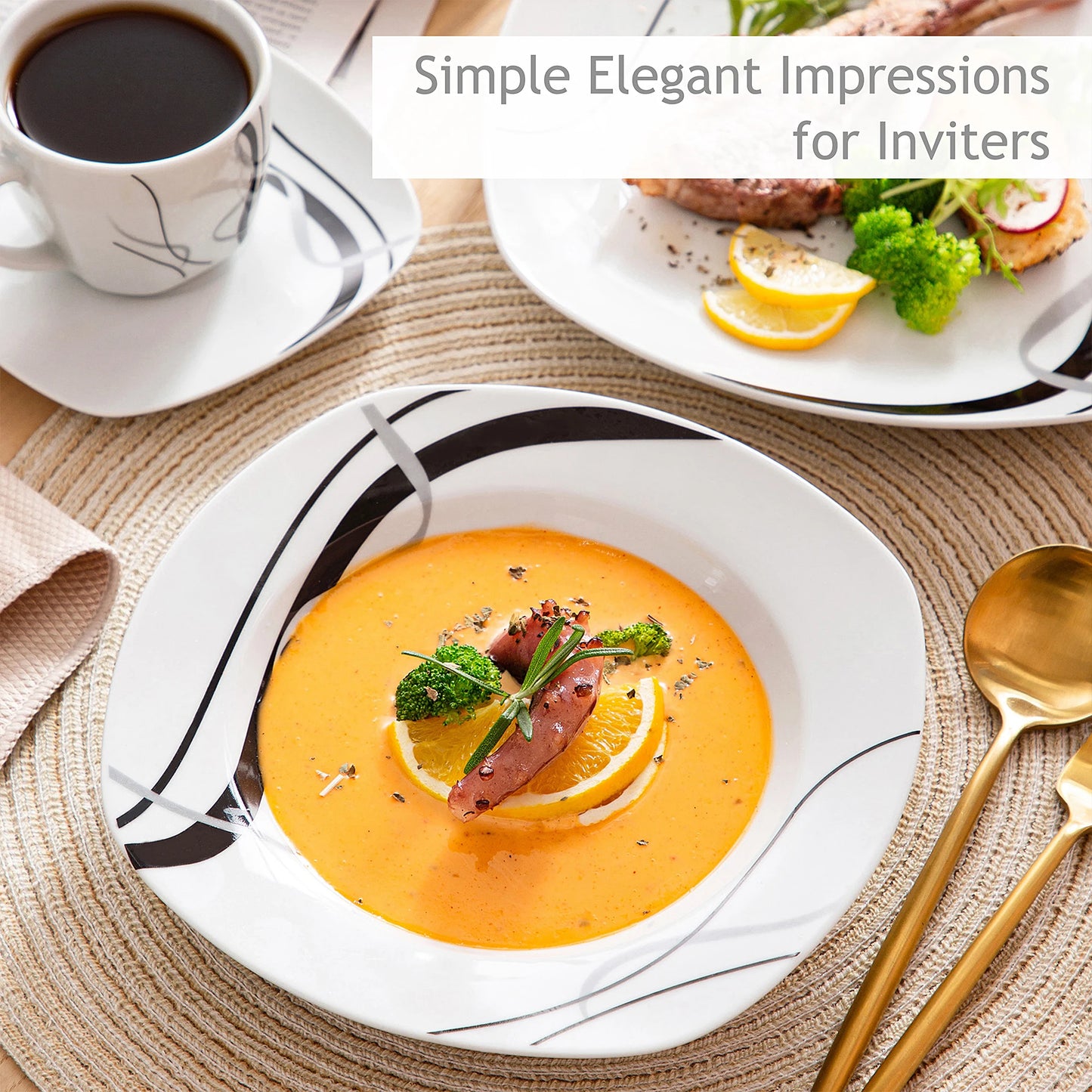 Veweet Fiona 30/60 Piece Black Lines Porcelain Ceramic Tableware Set with Dessert Plates Soup Plates Dinner Plates Cups Saucers