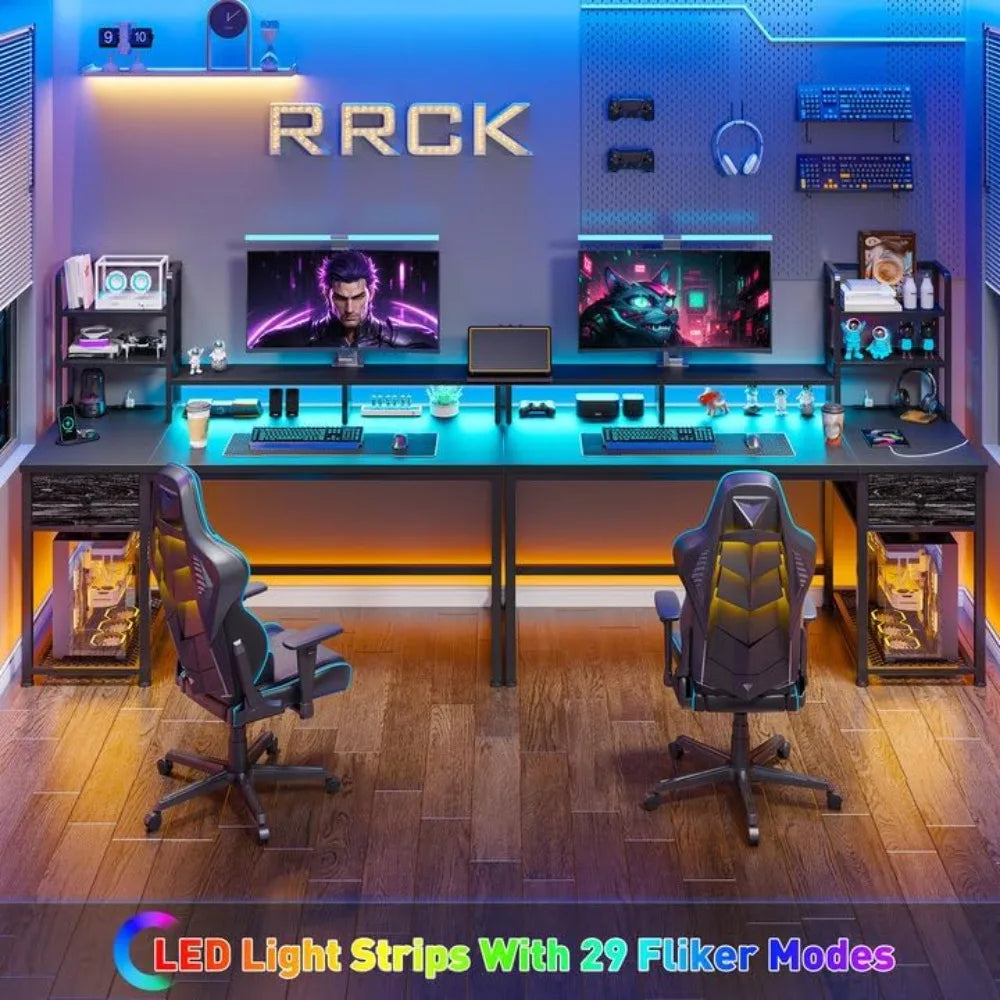 Gaming Desk With LED Lights Computer Desk With Drawers Home Office Desks With Power Outlets And Storage