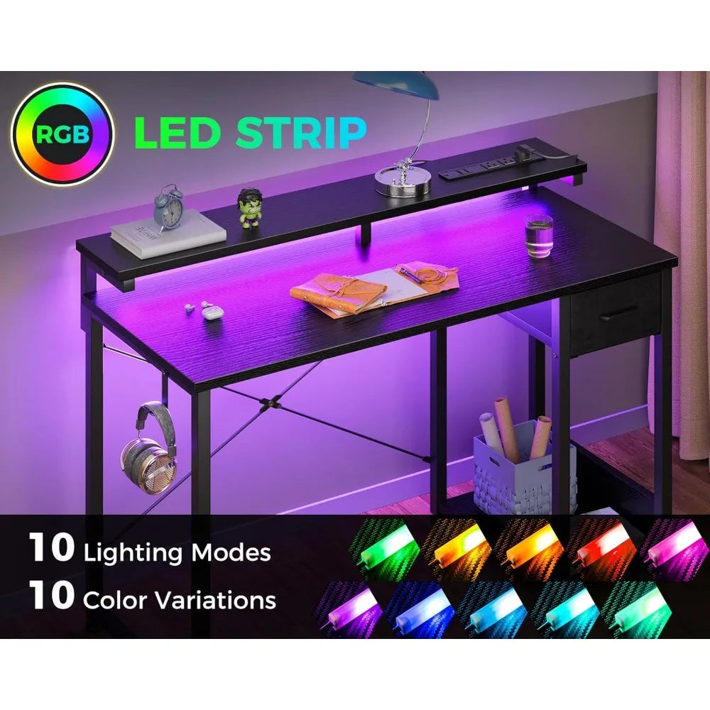 Gaming Desk with LED Lights and Power Outlet 40 Inch Computer Desk with Drawer Reversible Desk with Monitor Shelf and Headphone Hook