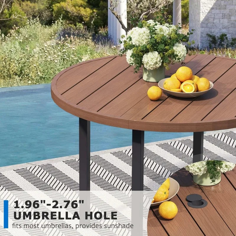 42 Inch Round Outdoor Dining Table for 4 Metal Patio Table with Umbrella Hole Small Outdoor Cocktail Table for Garden Walnut