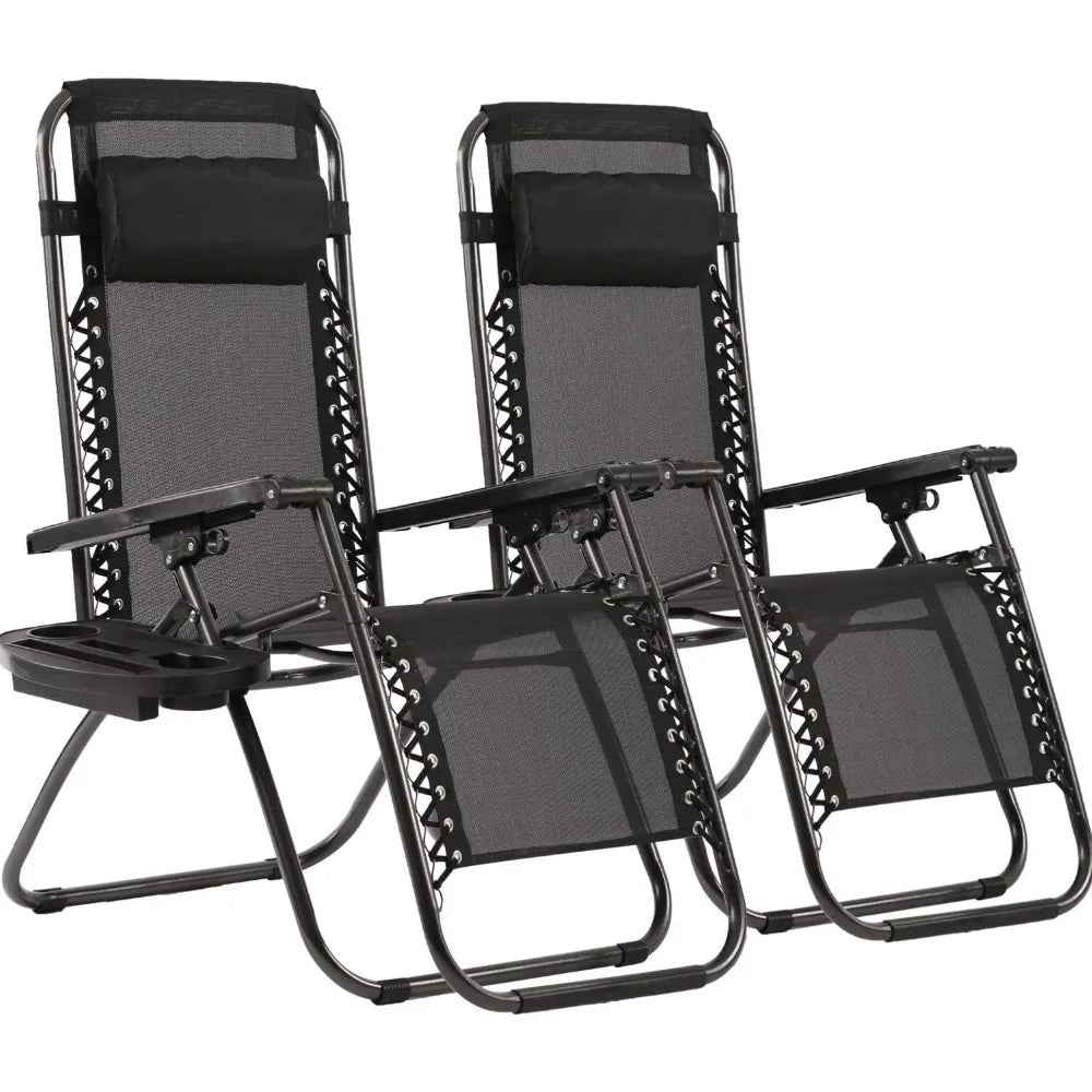 Zero Gravity Lawn Lounge Chairs Set of Two with Pillow and Cup Holder Adjustable Reclining Folding Outdoor Beach Chairs