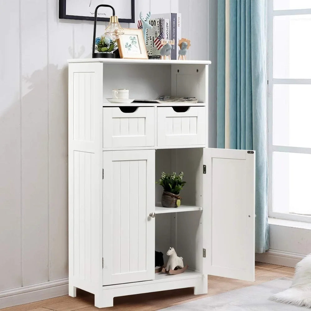 Bathroom Floor Cabinet Storage Cabinet with Open Shelf 2 Doors and 2 Adjustable Drawers Standing Cupboard for Kitchen and Bathroom