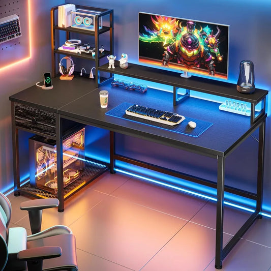 Gaming Desk With LED Lights Computer Desk With Drawers Home Office Desks With Power Outlets And Storage