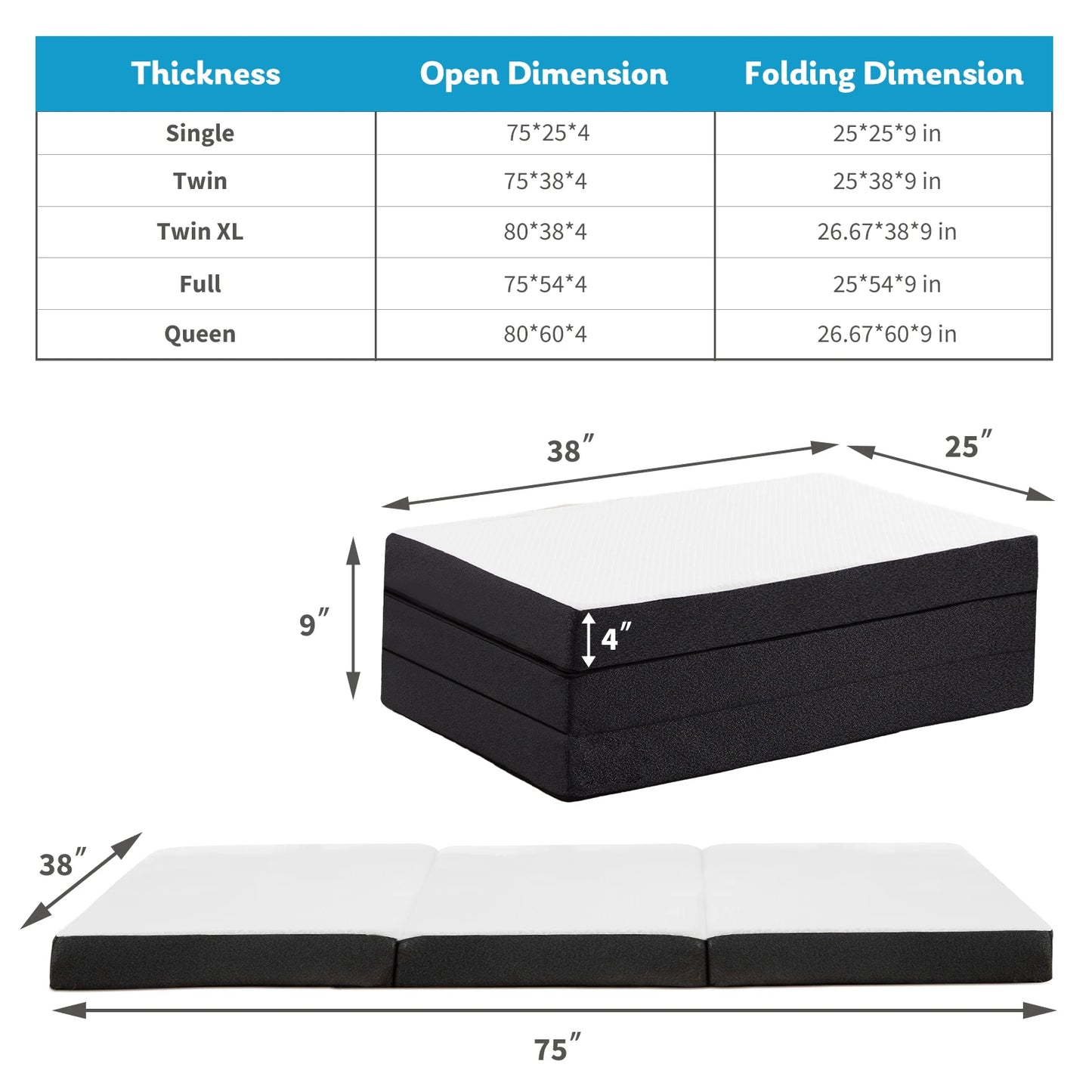 JHK Three Fold Portable Floor Bed CertiPUR Camping Yoga