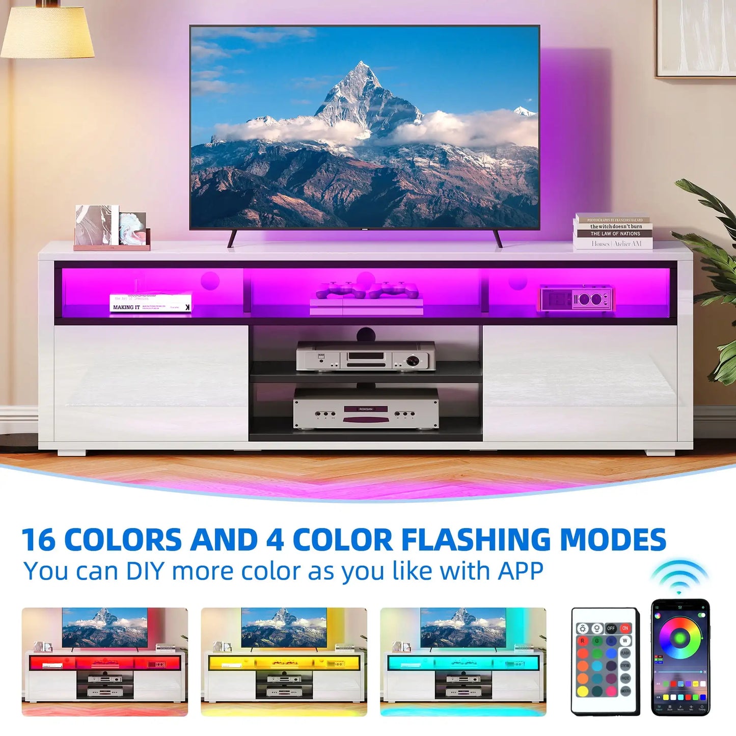 High Gloss LED TV Stand for 75 Inch TV White Storage
