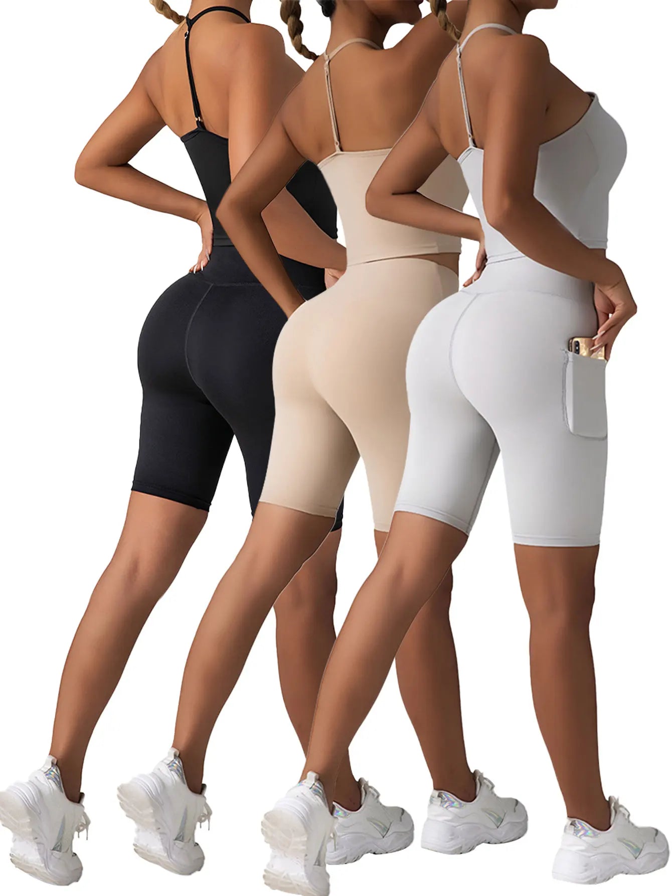 3 Pack Women's High Waist Yoga Shorts Tummy Control Athletic Workout Running Shorts with Deep Pockets