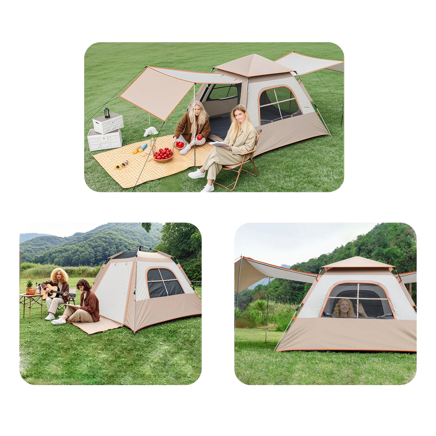 Outdoor Black Rubber Portable Automatic Pole Waterproof Camping Tent with Two Doors and Two Windows Large Air Tent