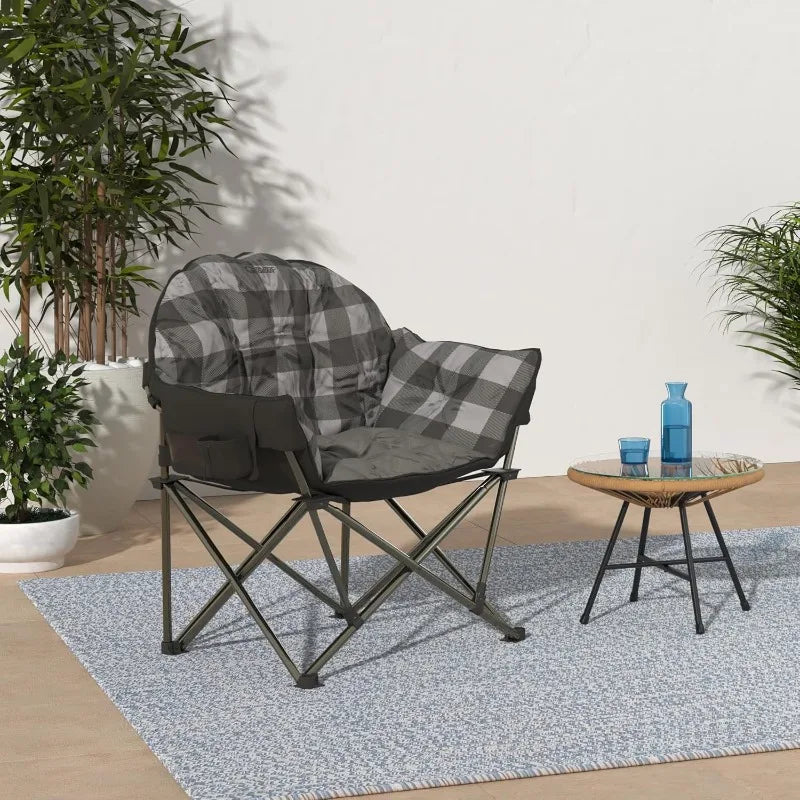 Guide Gear Club Camping Chair Oversized Portable Folding with Padded Seats 500 Pound Capacity Gray Plaid 25 Inch D x 34 Inch W x 37 Inch H