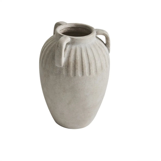 Three Handle Ceramic Vase 10 Inch Decorative Indoor Flower Holder Textured Design Accent Piece Home Decor