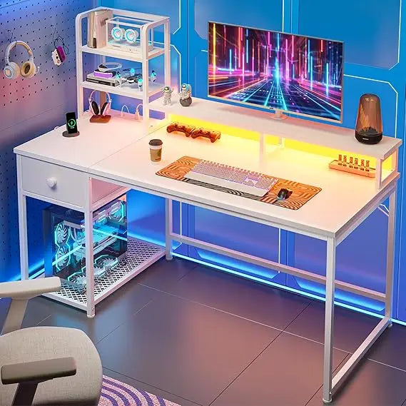 Gaming Desk With LED Lights Computer Desk With Drawers Home Office Desks With Power Outlets And Storage