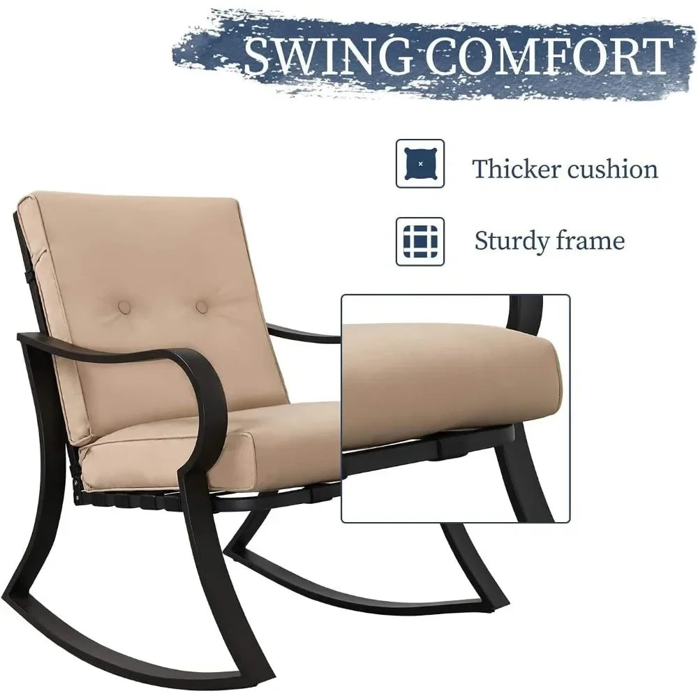 Furniture 3 Piece Conversation Bistro Set Rocking Chairs with Glass Top Table Thick Cushions Black Steel