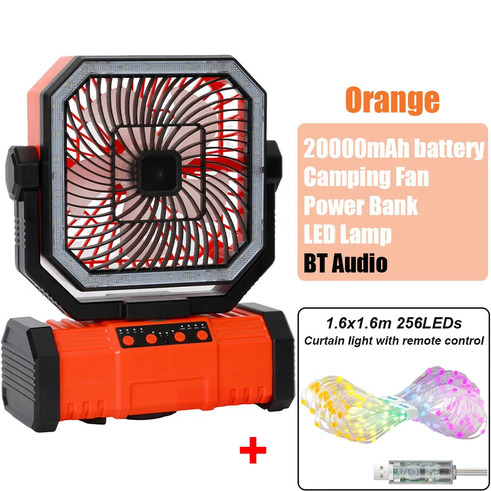 Multi Function Bluetooth Camping Fan 20000mAh Portable Power Bank LED String Lights for Outdoor Activities