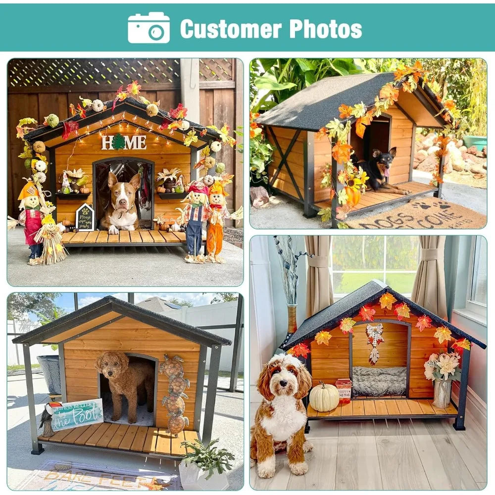 Outdoor Dog House Weatherproof Wooden Dog Shelter for Medium to Large Dogs Iron Frame Indoor Outdoor Doghouse Puppy Kennel