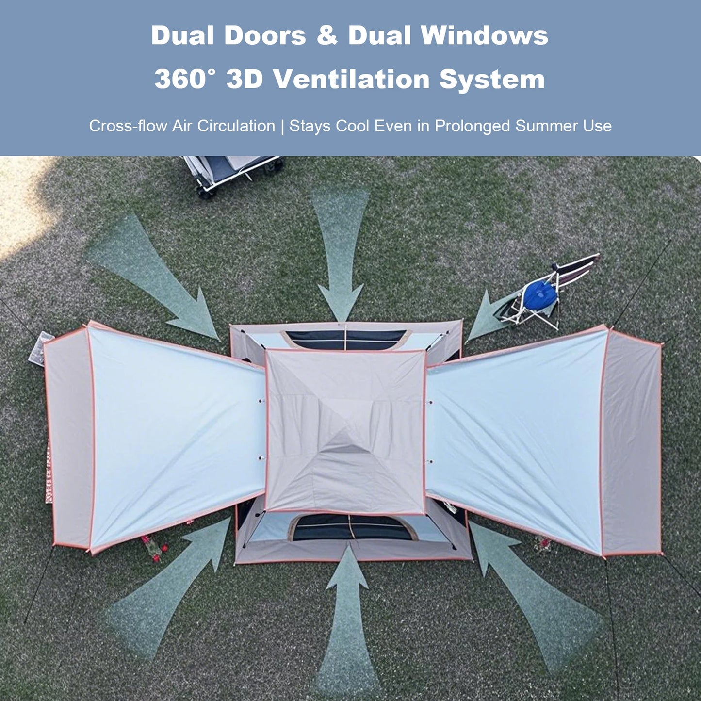 Outdoor Black Rubber Portable Automatic Pole Waterproof Camping Tent with Two Doors and Two Windows Large Air Tent