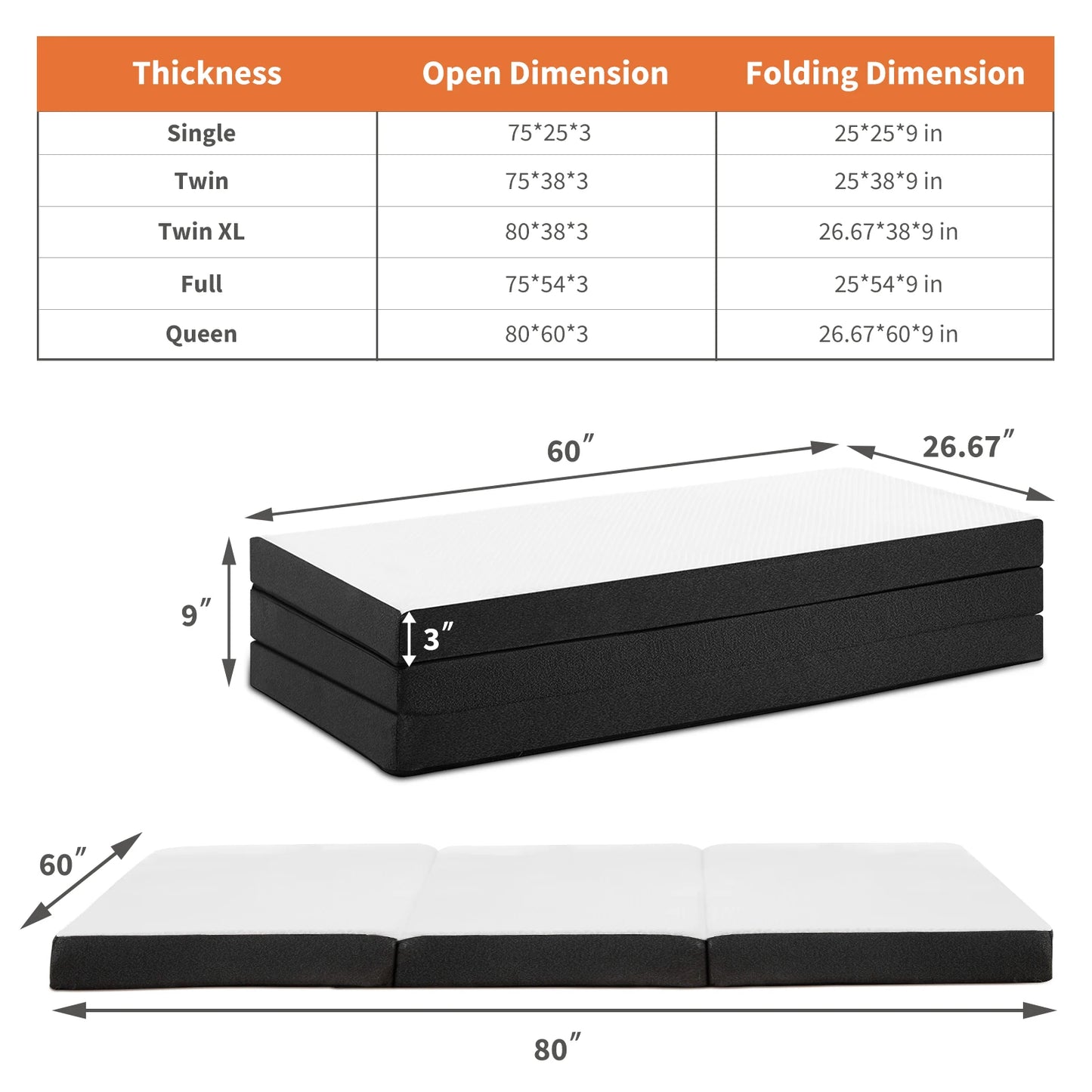 JHK Three Fold Portable Floor Bed CertiPUR Camping Yoga