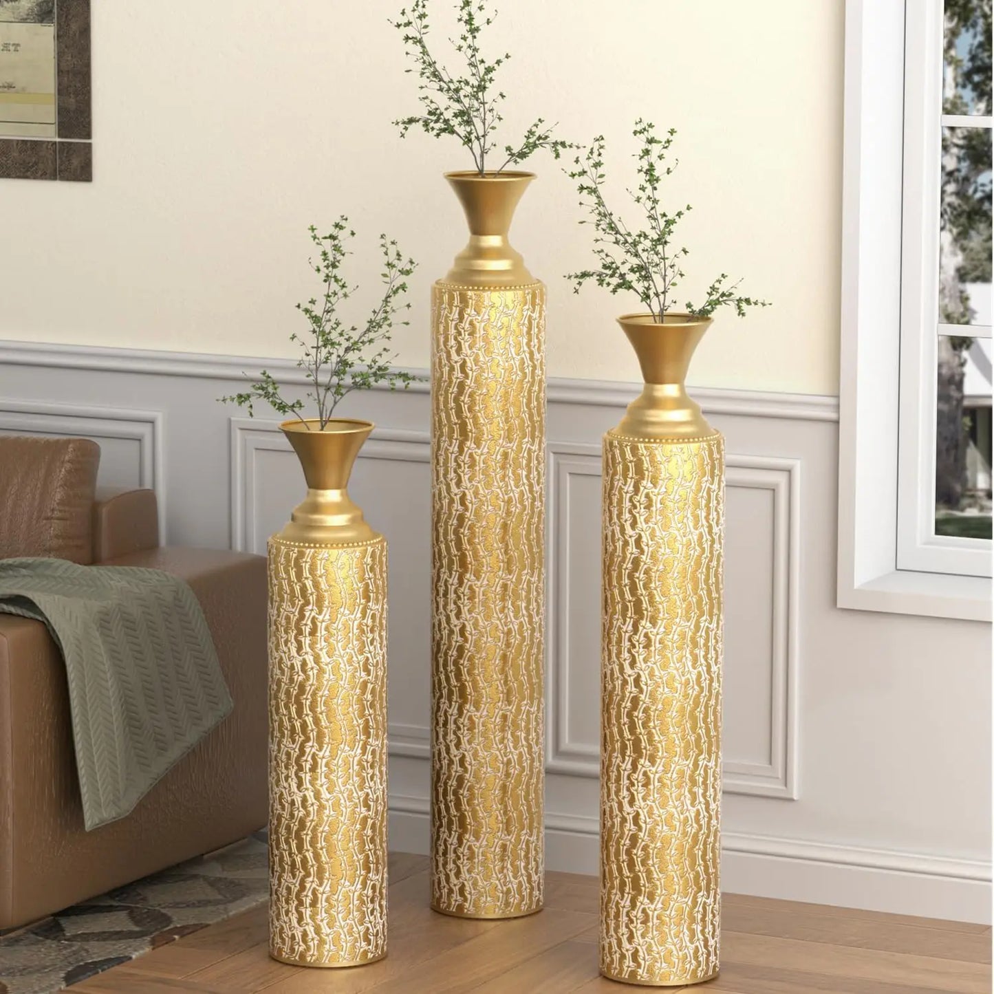Decorative Vase Set of 3 Oversized Floor Tall Distressed Metallic Glazed Vases