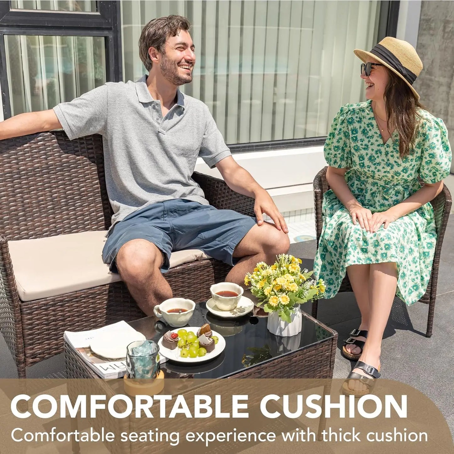 4 Pieces Outdoor Patio Furniture Set PE Rattan Wicker Chairs Balcony Lawn Porch Furniture with Beige Cushions and Table