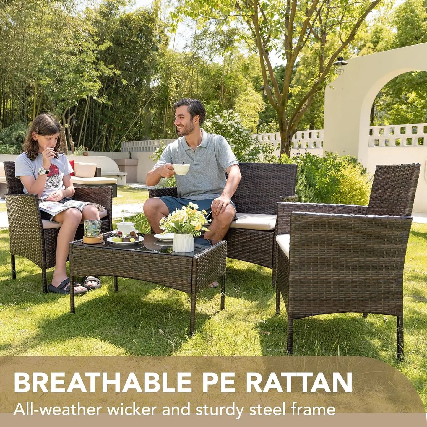 4 Pieces Outdoor Patio Furniture Set PE Rattan Wicker Chairs Balcony Lawn Porch Furniture with Beige Cushions and Table