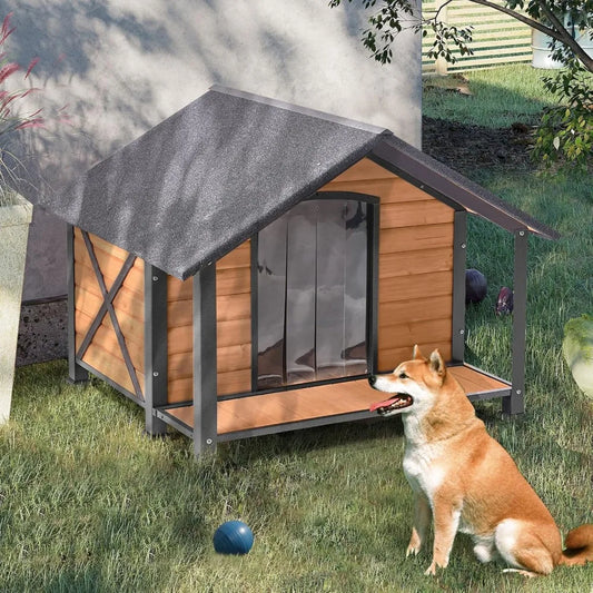 Outdoor Dog House Weatherproof Wooden Dog Shelter for Medium to Large Dogs Iron Frame Indoor Outdoor Doghouse Puppy Kennel
