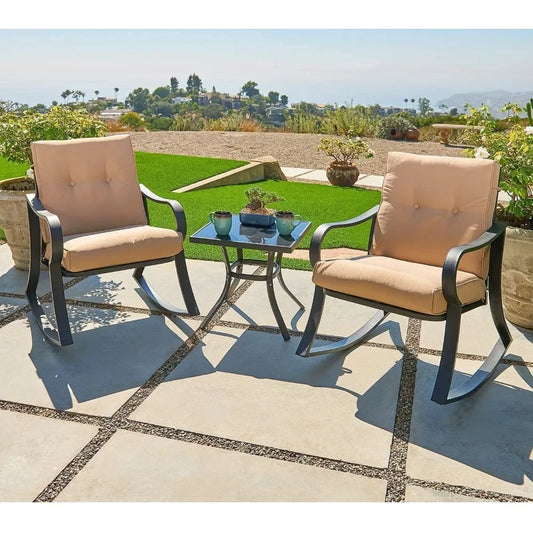 Furniture 3 Piece Conversation Bistro Set Rocking Chairs with Glass Top Table Thick Cushions Black Steel
