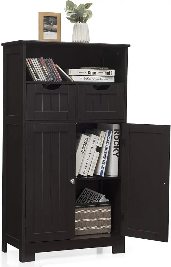 Bathroom Floor Cabinet Storage Cabinet with Open Shelf 2 Doors and 2 Adjustable Drawers Standing Cupboard for Kitchen and Bathroom