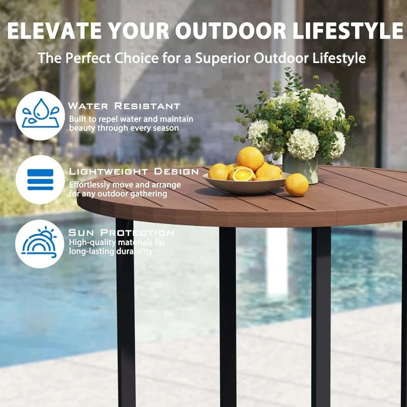 42 Inch Round Outdoor Dining Table for 4 Metal Patio Table with Umbrella Hole Small Outdoor Cocktail Table for Garden Walnut