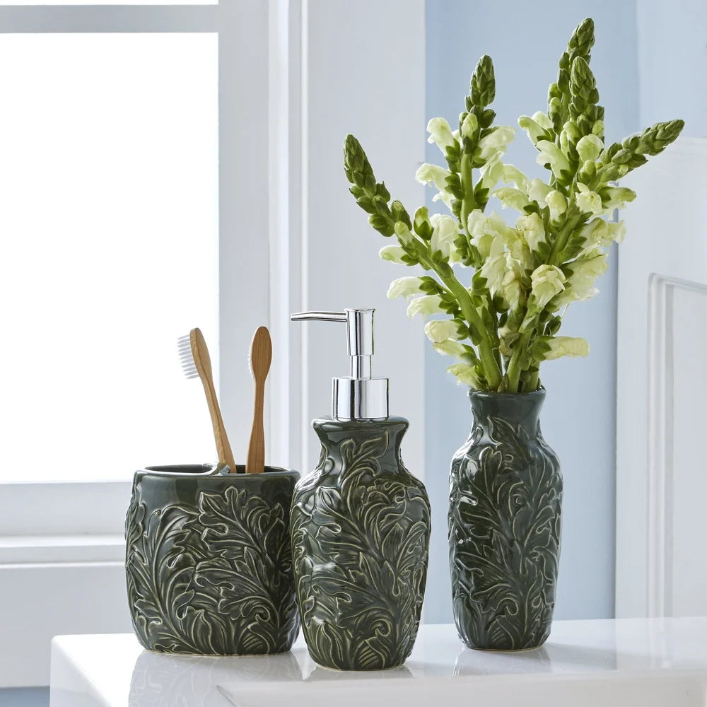 Vern Yip London Floral Glazed Ceramic Vase Decorative Flower Holder Sculpted Leaf Design Home Accent Gift Collection
