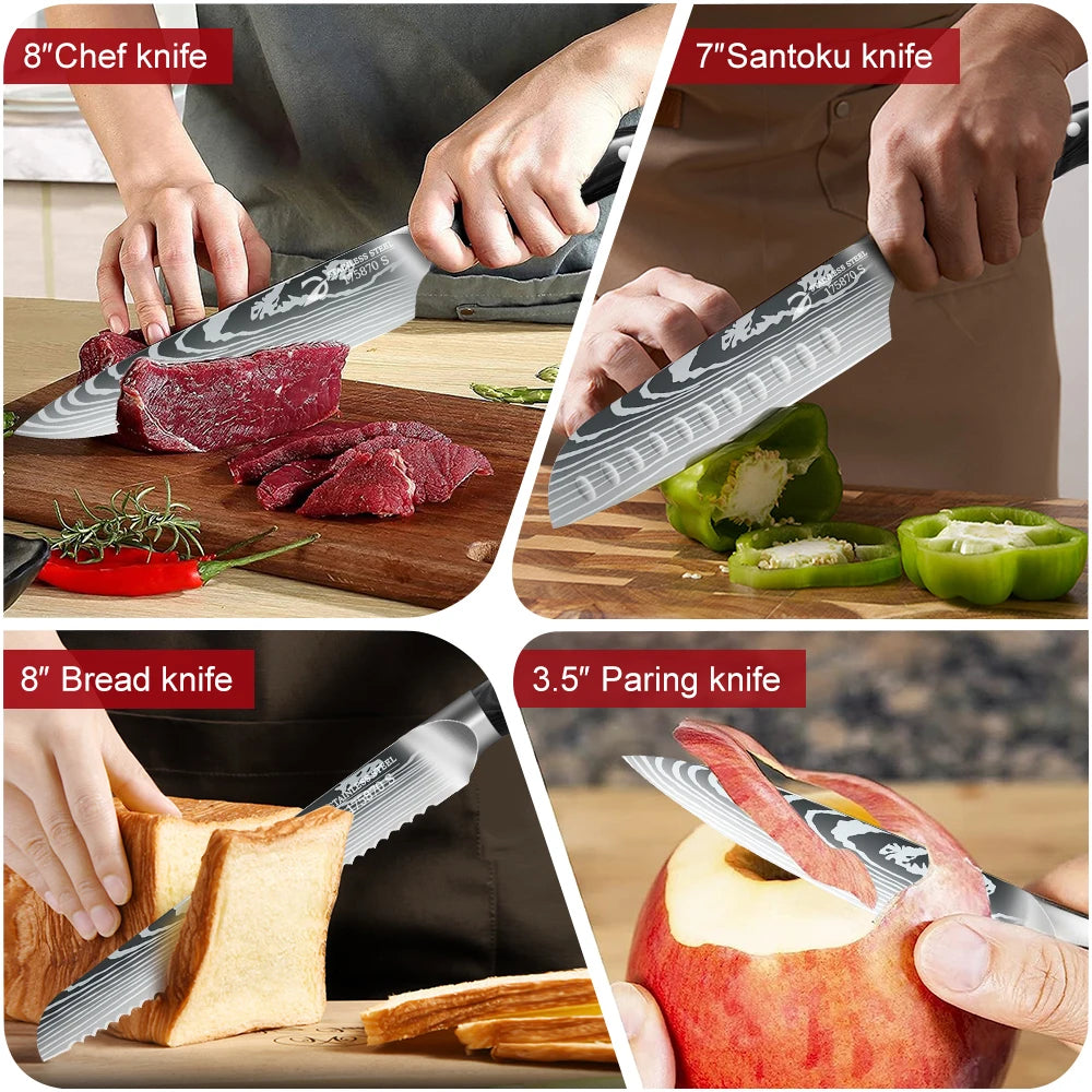 6/10pcs Black handle Kitchen Knives Gift Box Set Sharp Stainless Steel Chef knife Sankotu Cleaver Boning Paring knife