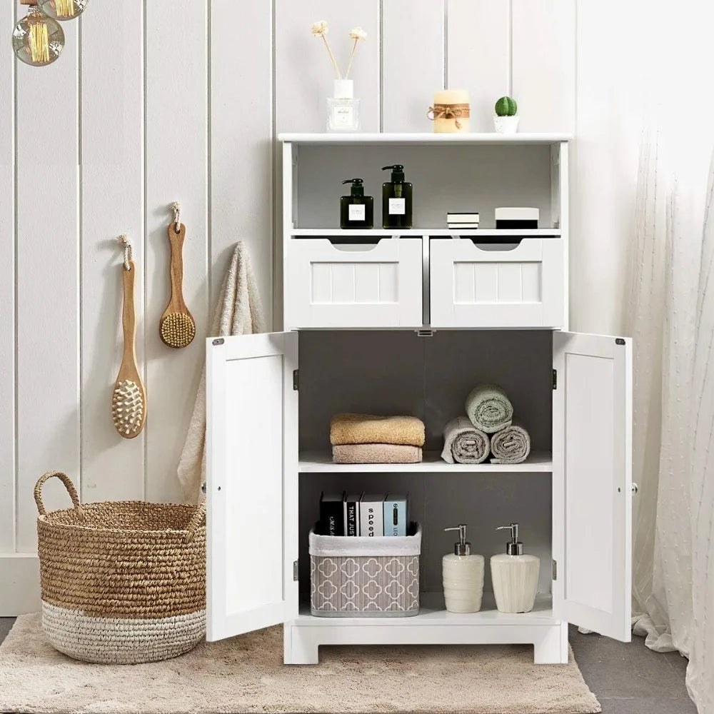 Bathroom Floor Cabinet Storage Cabinet with Open Shelf 2 Doors and 2 Adjustable Drawers Standing Cupboard for Kitchen and Bathroom