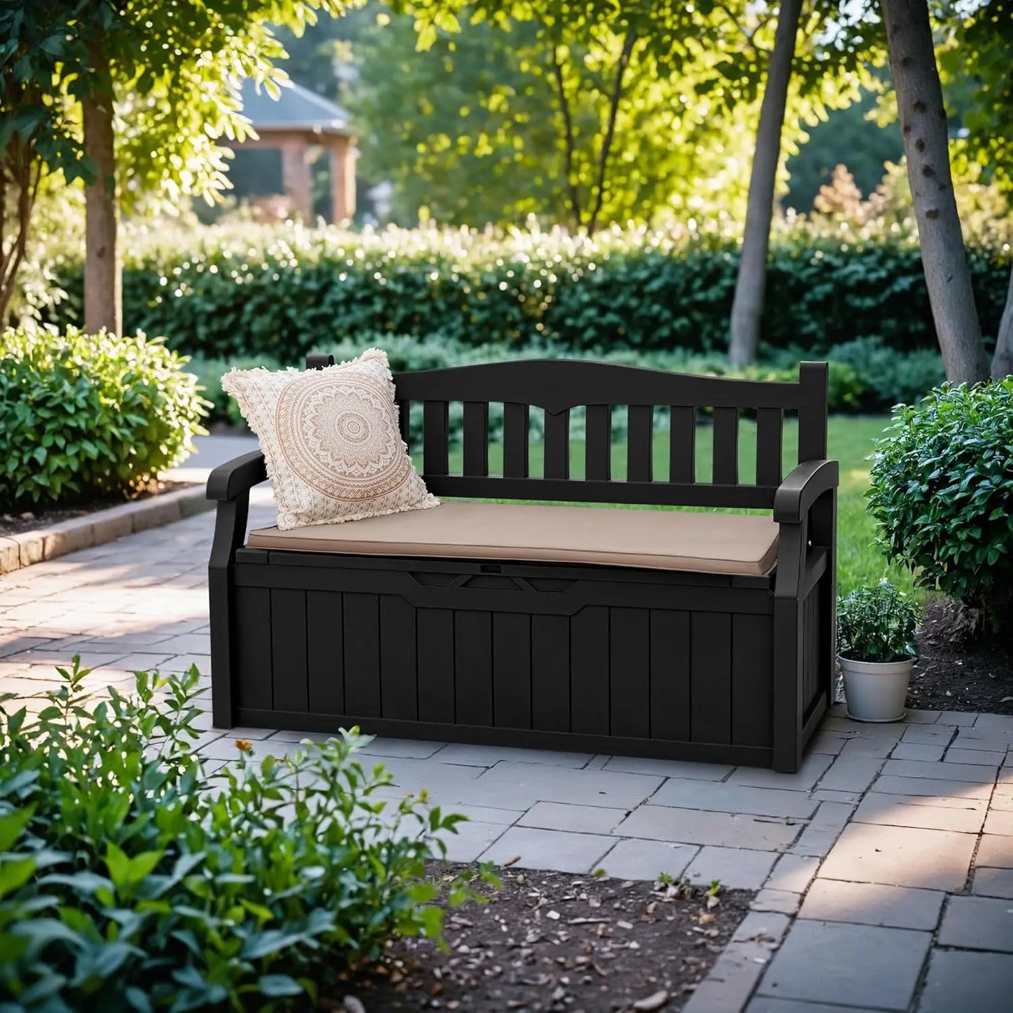 80 Gallon Lockable Storage Bench Deck Box for Patio Furniture Garden Decor and Outdoor Seating for Cushions Garden Tools and Pool Supplies Black