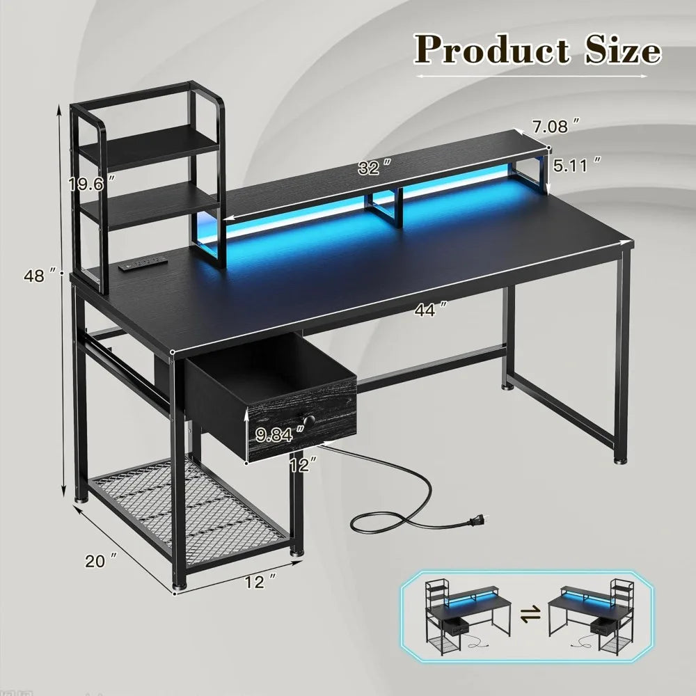 Gaming Desk With LED Lights Computer Desk With Drawers Home Office Desks With Power Outlets And Storage